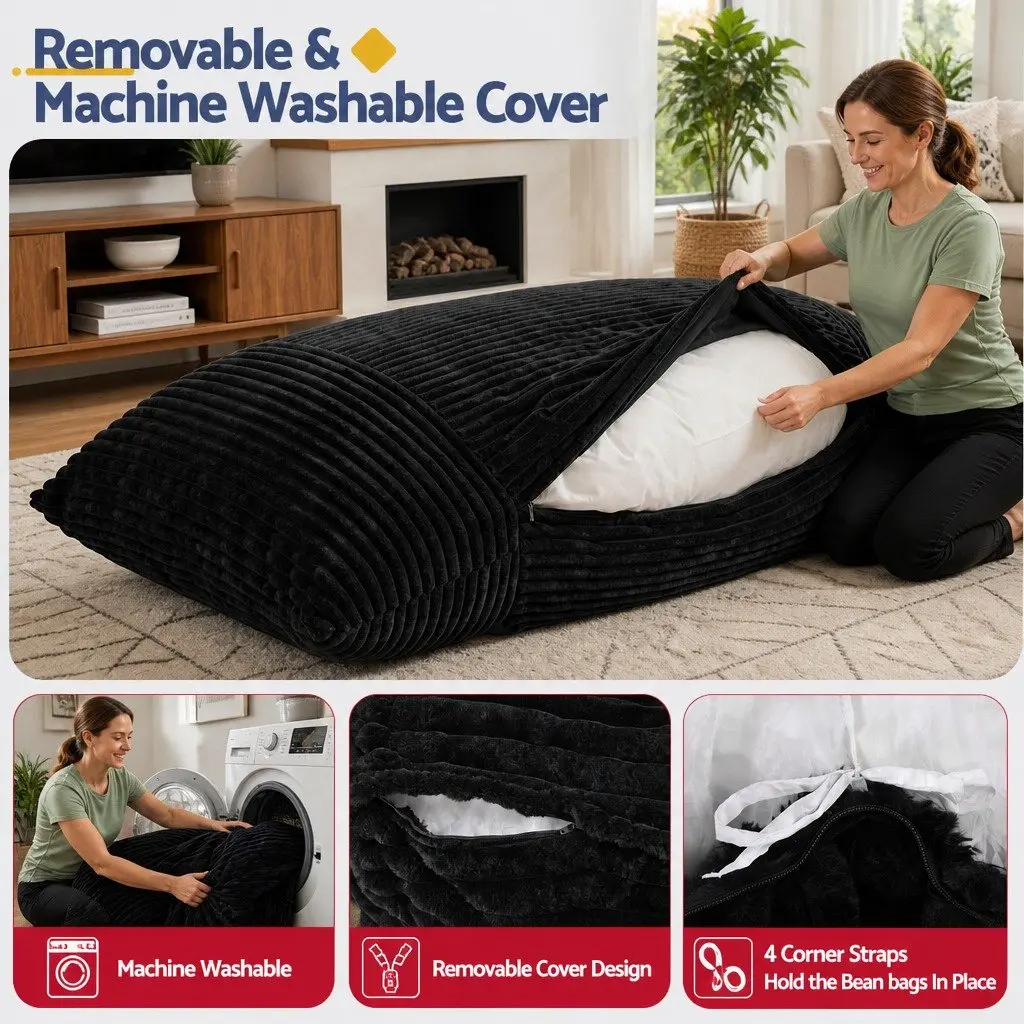 Convertible Bean Bag Chair Black Multi-Use Boneless 3-in-1 Lounger Bed