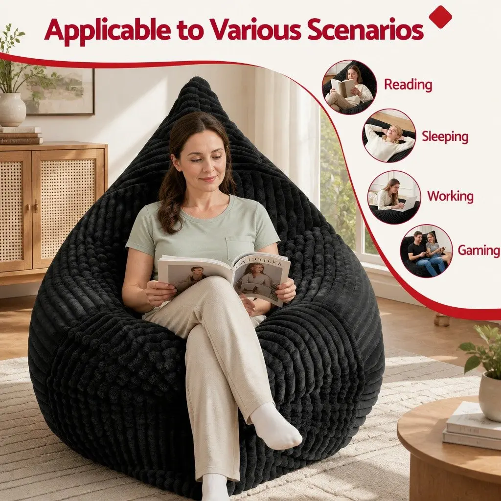 Convertible Bean Bag Chair Black Multi-Use Boneless 3-in-1 Lounger Bed