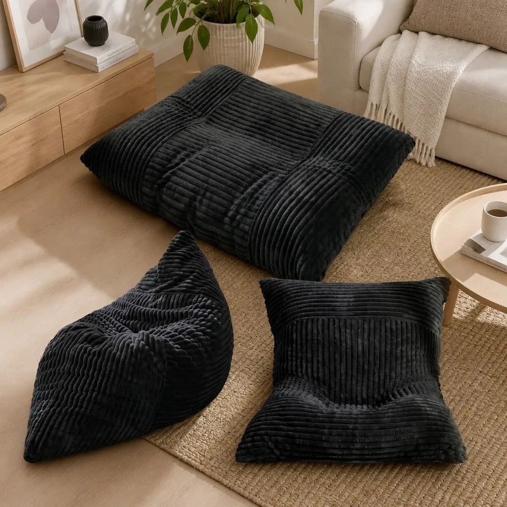 Convertible Bean Bag Chair Black Multi-Use Boneless 3-in-1 Lounger Bed