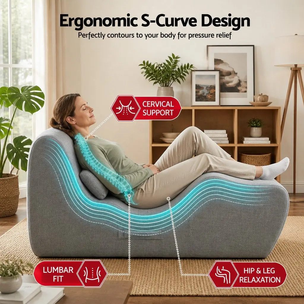 Chaise Lounge Chair Grey Ergonomic S-Curve Boneless Relaxing Seating