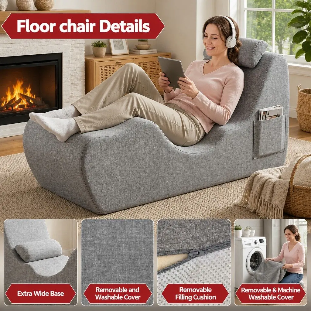 Chaise Lounge Chair Grey Ergonomic S-Curve Boneless Relaxing Seating
