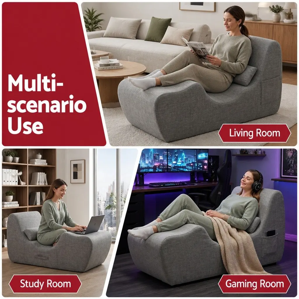 Chaise Lounge Chair Grey Ergonomic S-Curve Boneless Relaxing Seating