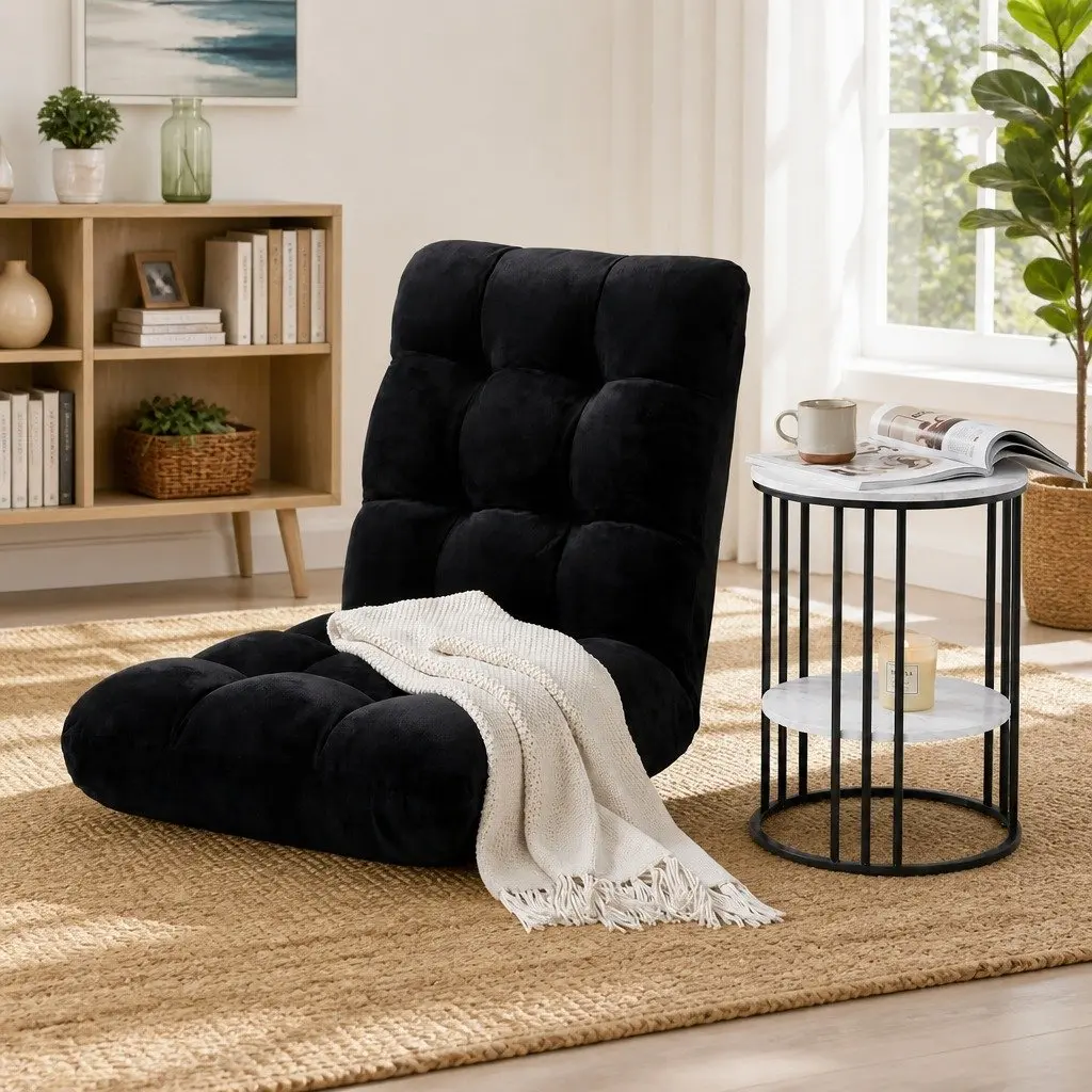 Floor Lounge Chair Black Adjustable with 2-Tier Coffee Table White and Black Living Room Set