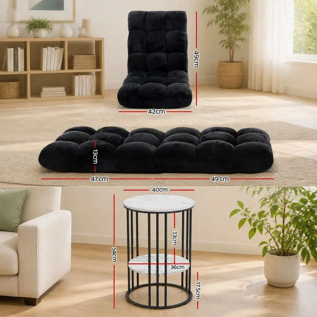 Floor Lounge Chair Black Adjustable with 2-Tier Coffee Table White and Black Living Room Set