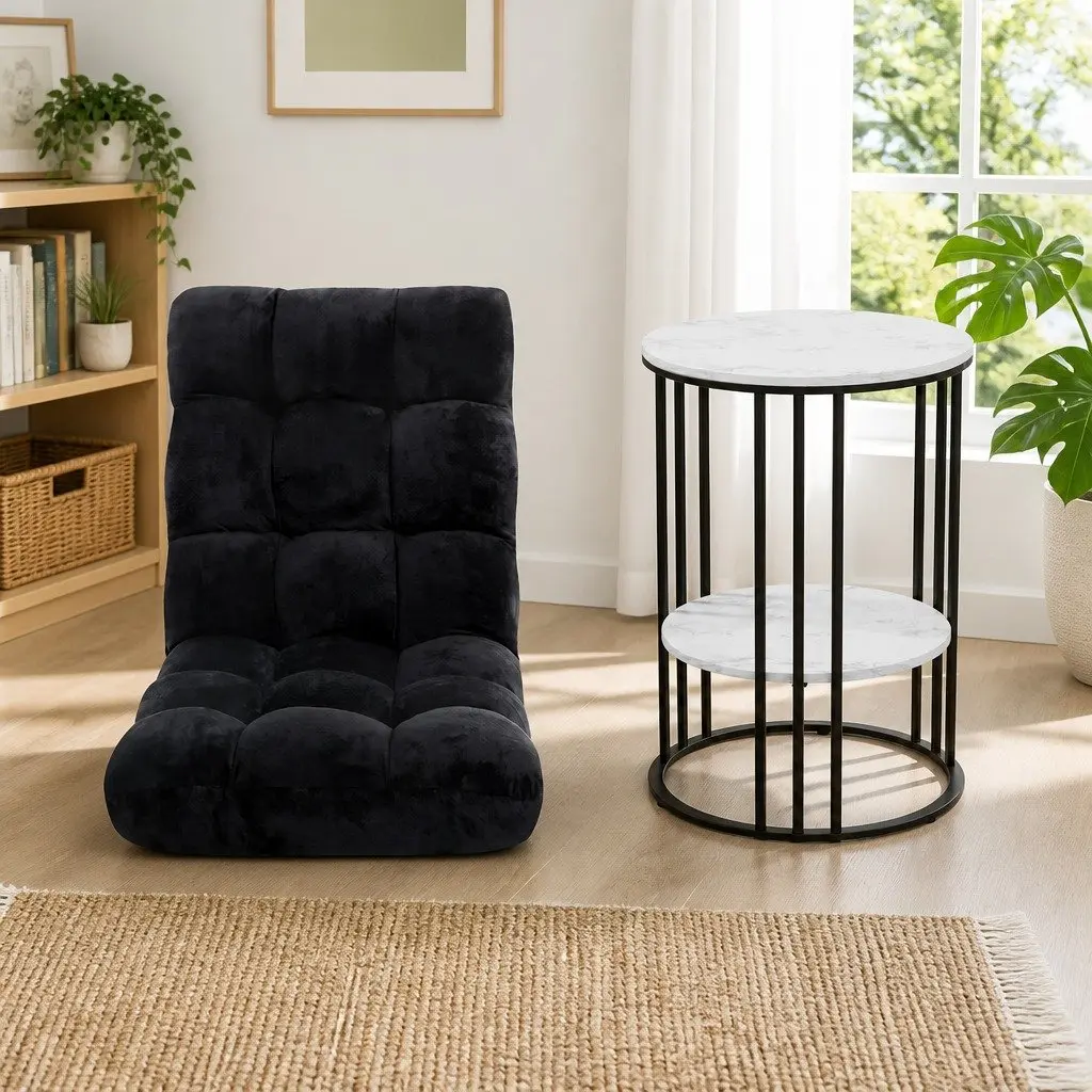 Floor Lounge Chair Black Adjustable with 2-Tier Coffee Table White and Black Living Room Set