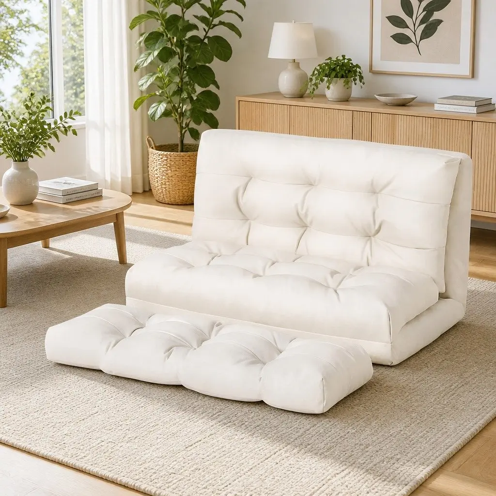 Floor Lounge Sofa Bed Beige 2 Seater Reclining Foldable with Pillow