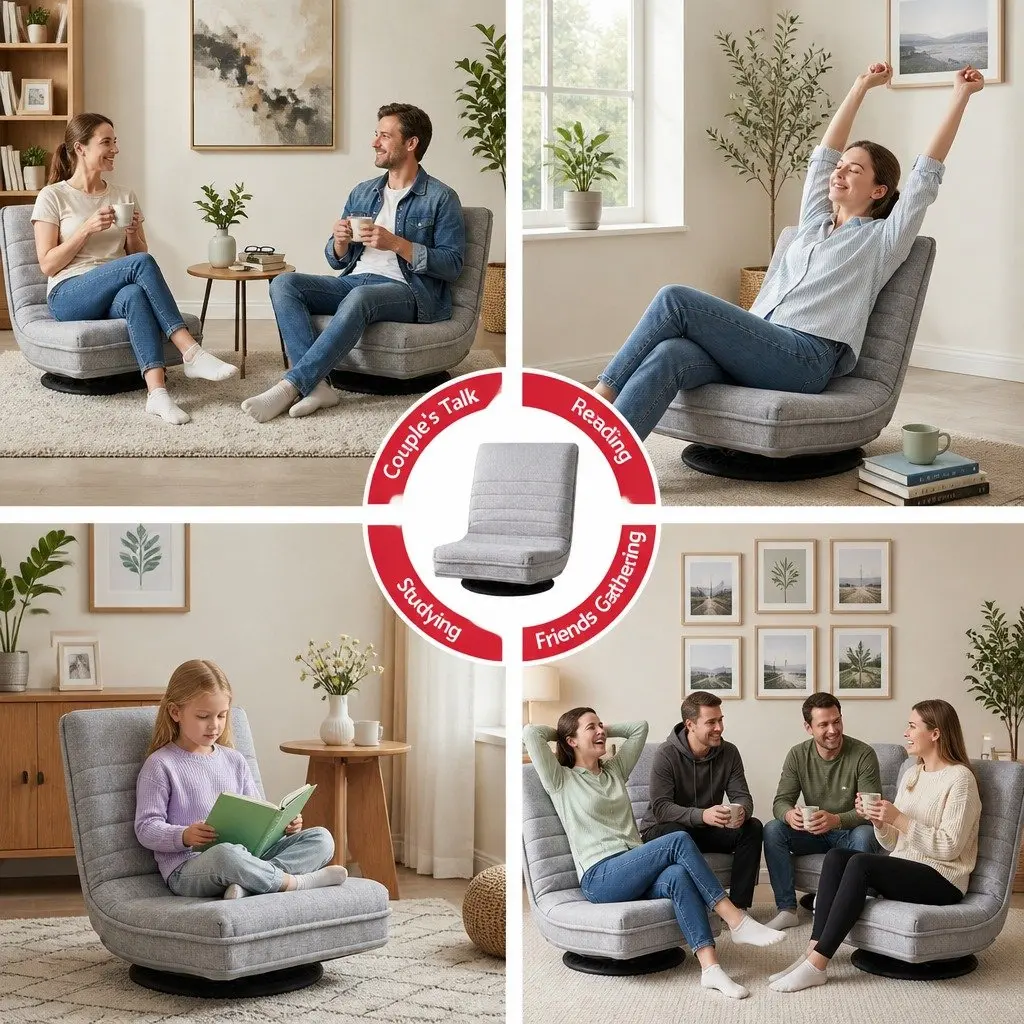 Floor Lounge Chair Beige 360 Swivel Adjustable Foldable Gaming Seat with Metal Frame