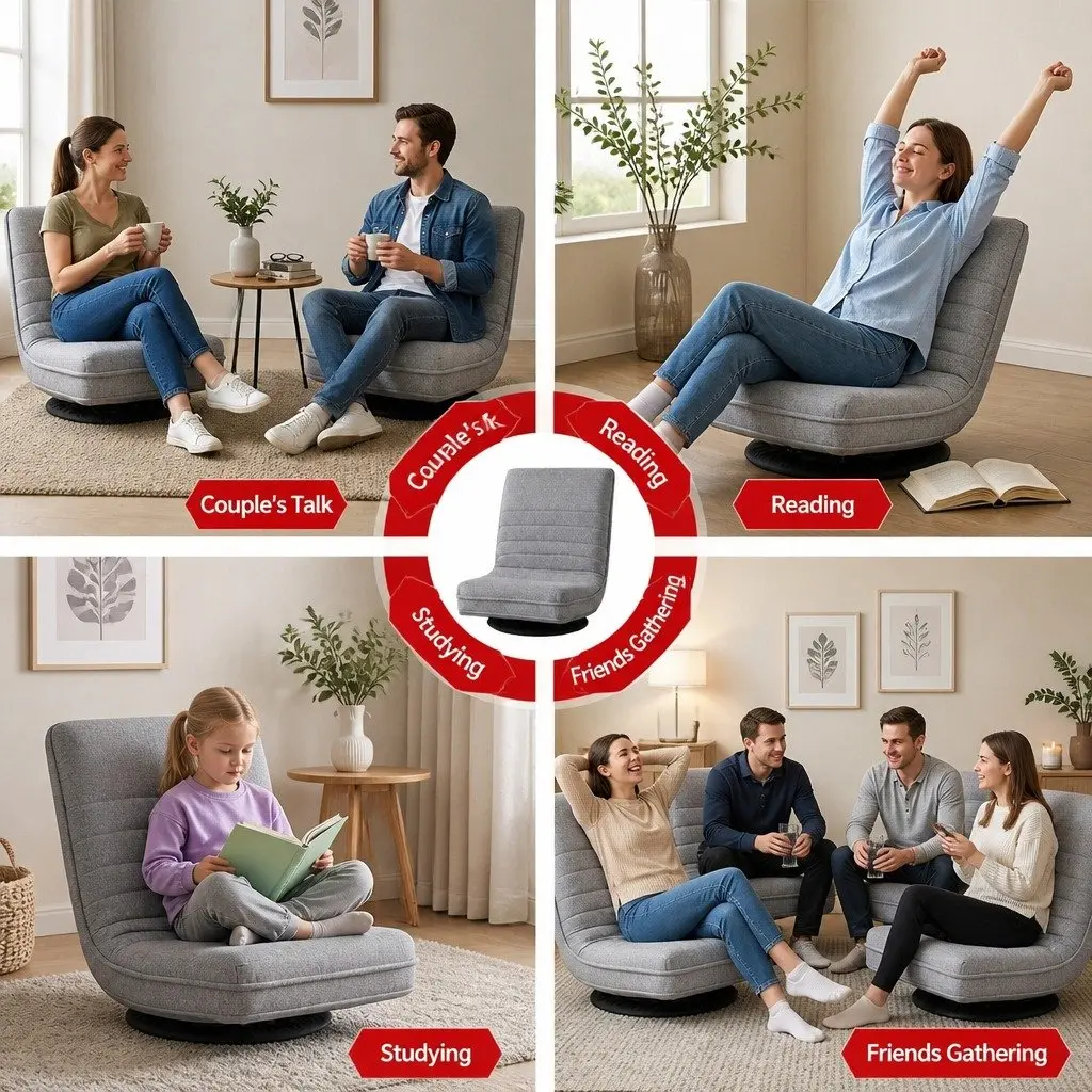 4PCS Swivel Floor Chair Beige 360 Adjustable Foldable Lounge Seat