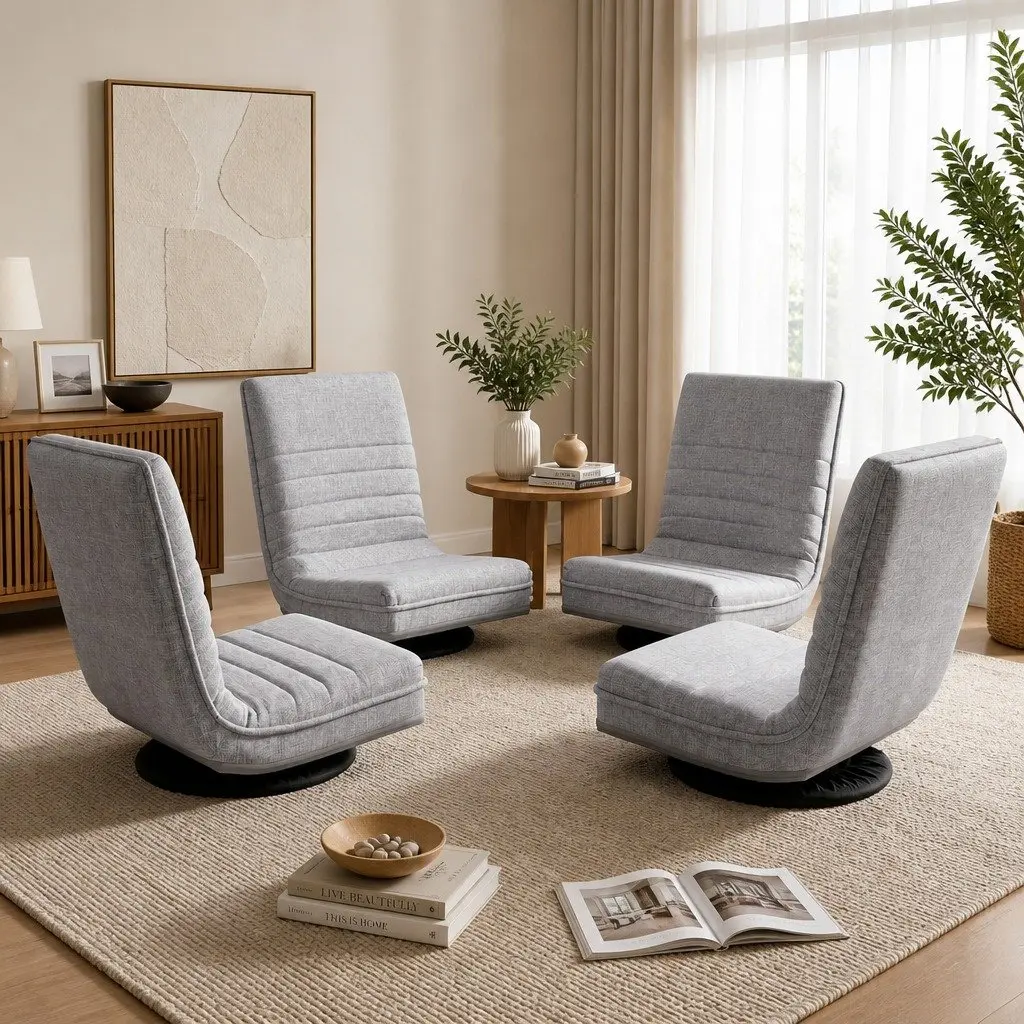 4PCS Swivel Floor Chair Beige 360 Adjustable Foldable Lounge Seat