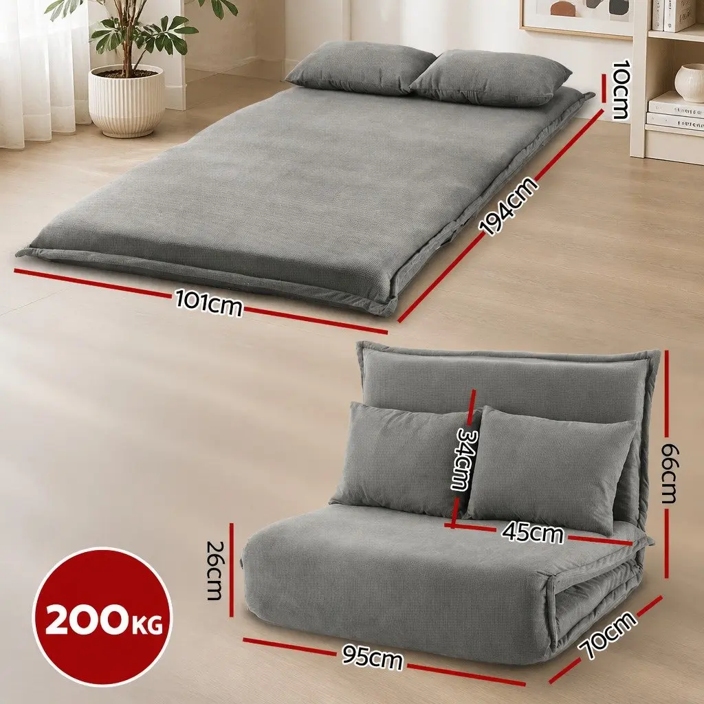Floor Lounge Sofa Bed Grey Foldable Adjustable 2-Seater High-Resilience Foam Metal Frame