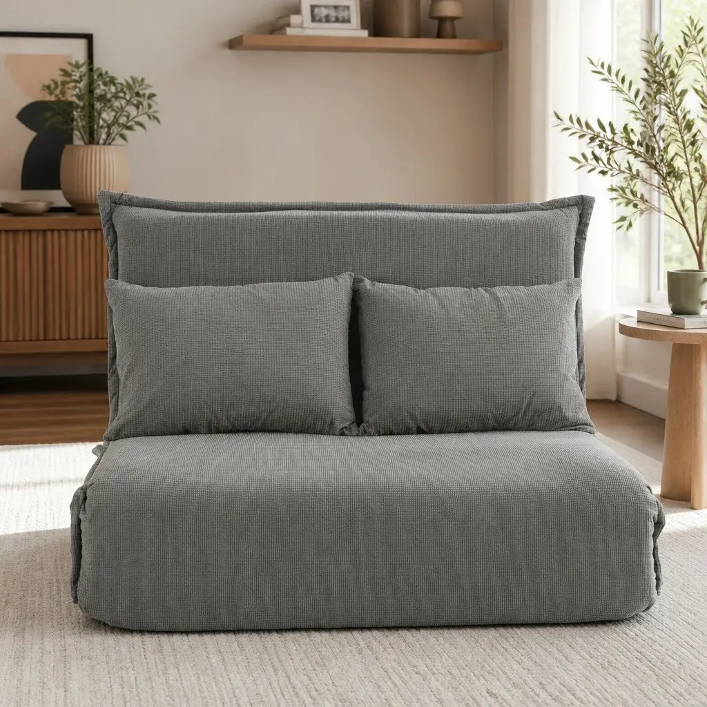 Floor Lounge Sofa Bed Grey Foldable Adjustable 2-Seater High-Resilience Foam Metal Frame