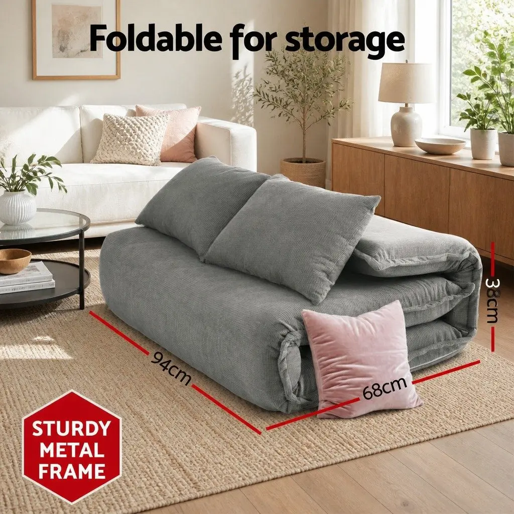 Floor Lounge Sofa Bed Grey Foldable Adjustable 2-Seater High-Resilience Foam Metal Frame