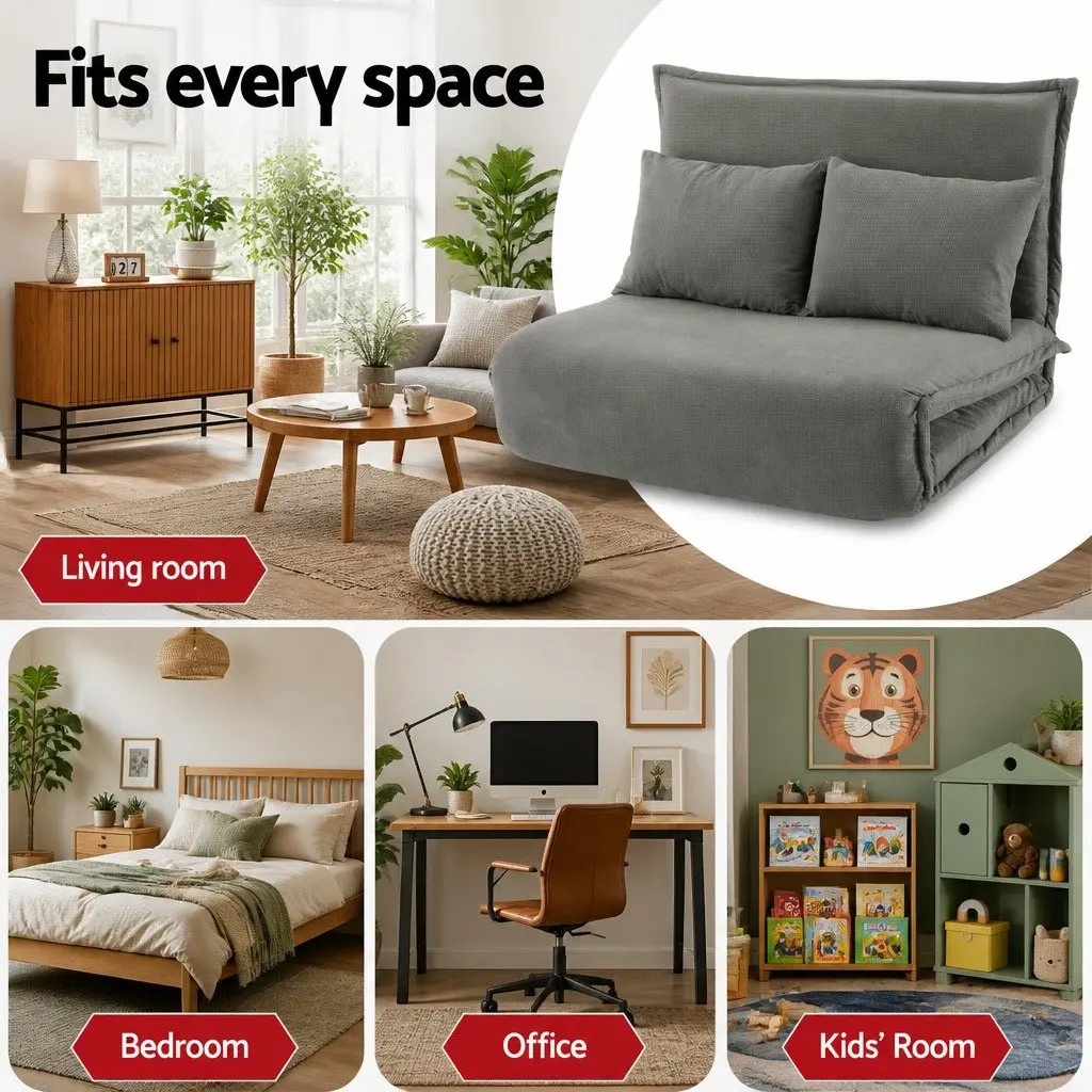Floor Lounge Sofa Bed Grey Foldable Adjustable 2-Seater High-Resilience Foam Metal Frame