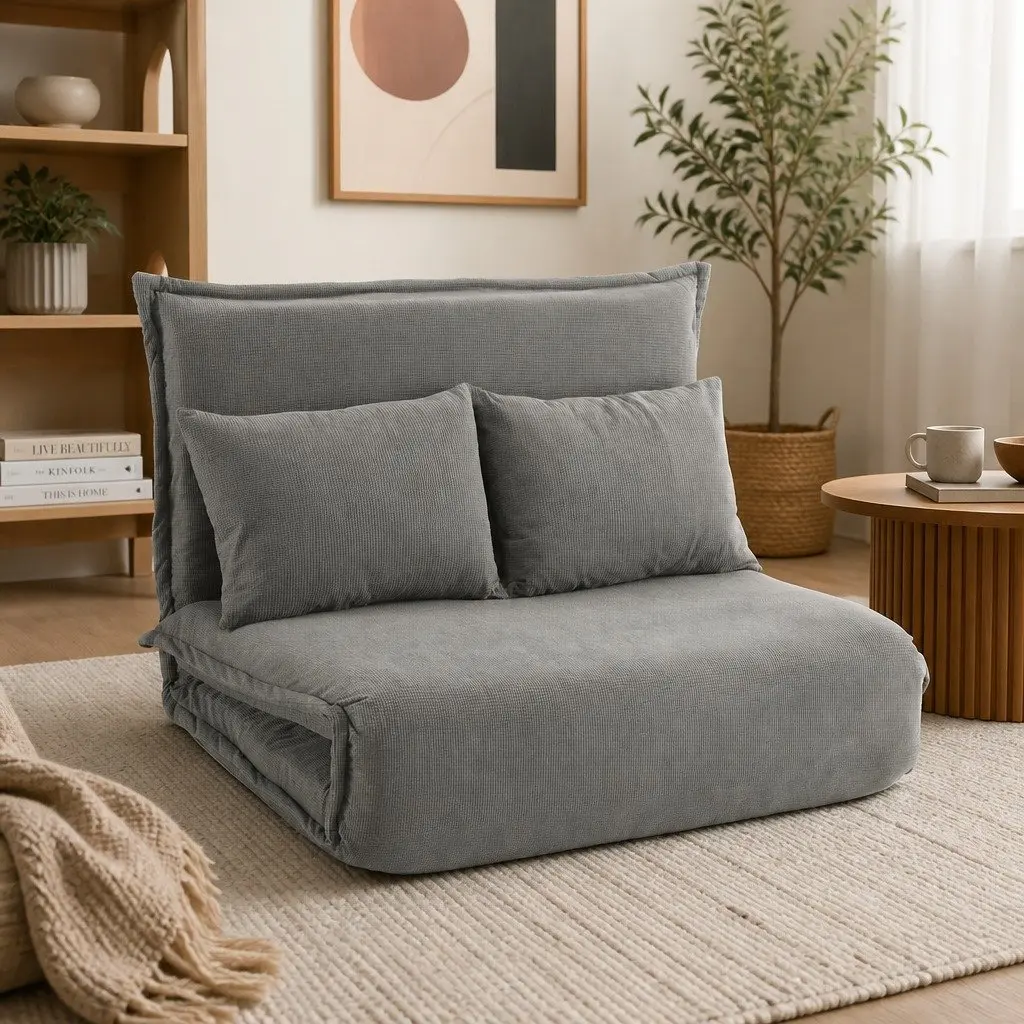 Floor Lounge Sofa Bed Grey Foldable Adjustable 2-Seater High-Resilience Foam Metal Frame