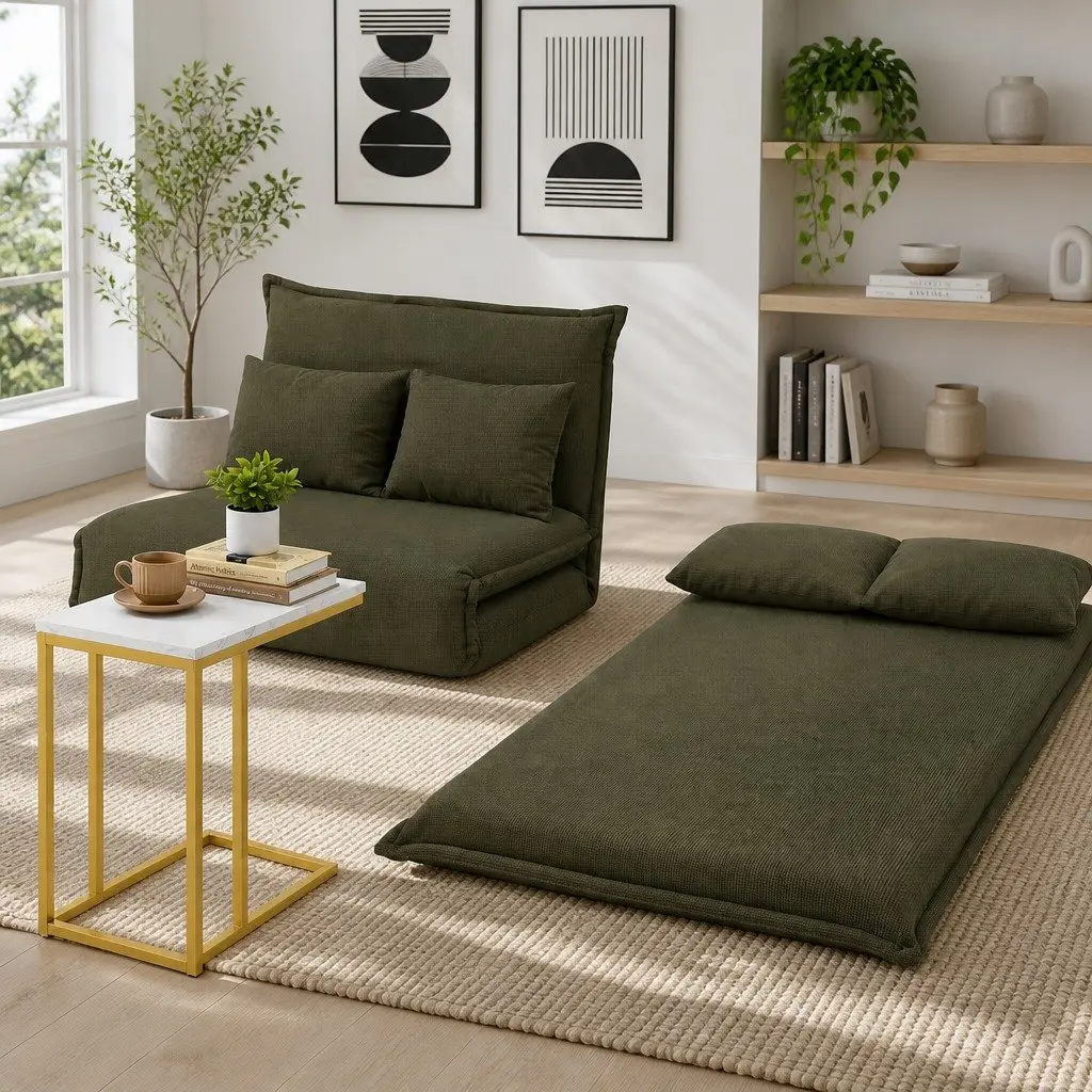 Floor Lounge Sofa Bed Chair Green 2-Seater Adjustable Backrest with Marble Effect Side Table