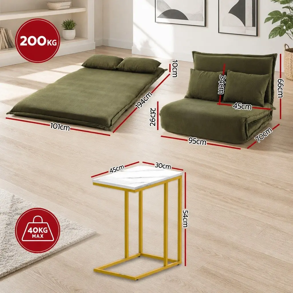 Floor Lounge Sofa Bed Chair Green 2-Seater Adjustable Backrest with Marble Effect Side Table