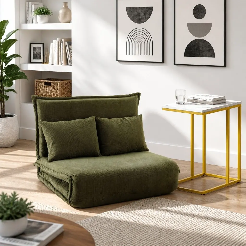 Floor Lounge Sofa Bed Chair Green 2-Seater Adjustable Backrest with Marble Effect Side Table
