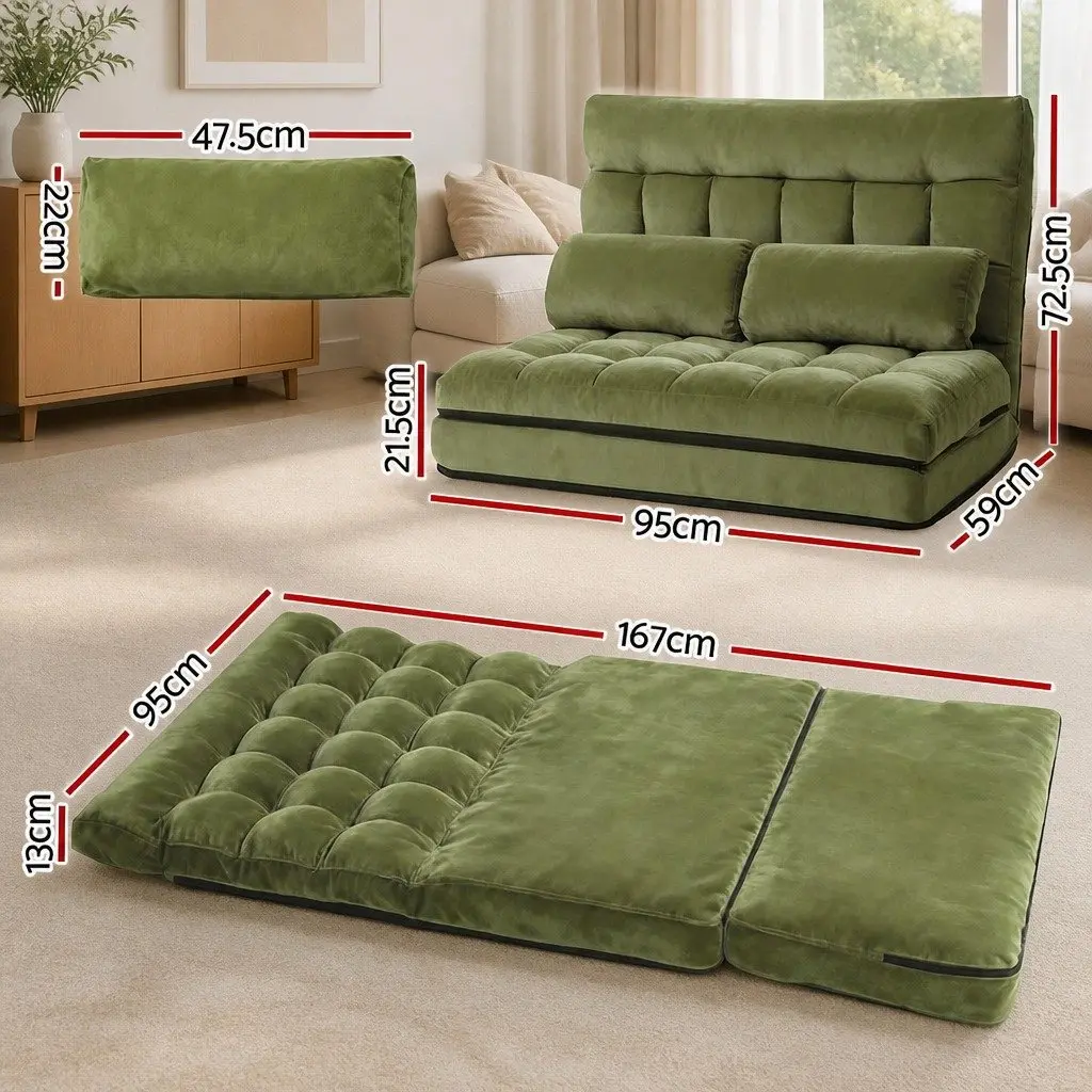 Green Adjustable Recliner Sofa Bed Floor Lounge 2 Seater Foldable with Storage