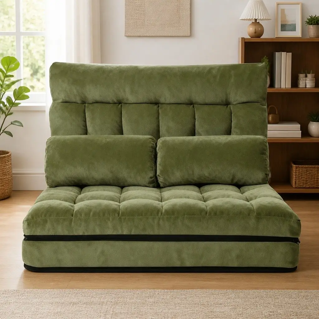 Green Adjustable Recliner Sofa Bed Floor Lounge 2 Seater Foldable with Storage