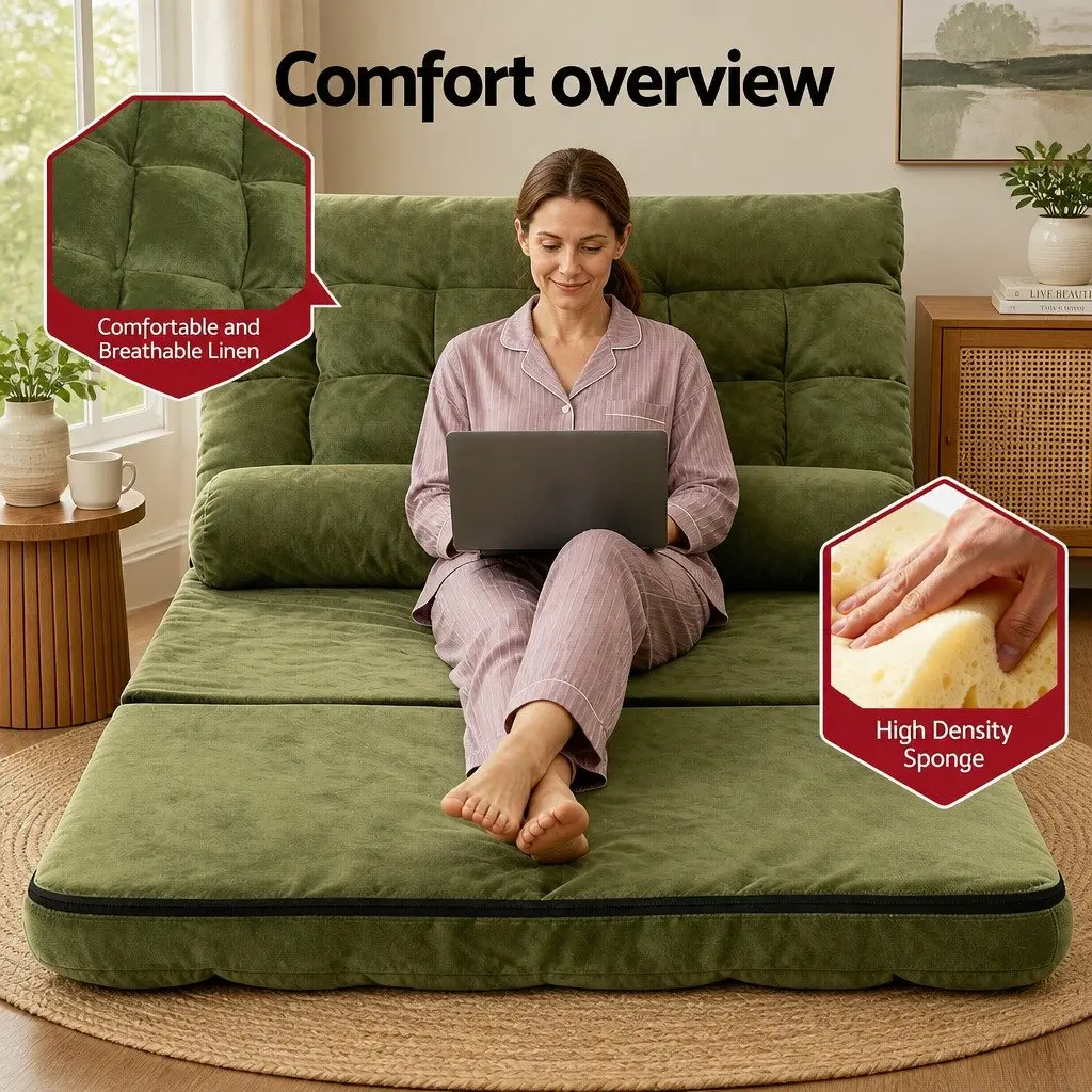 Green Adjustable Recliner Sofa Bed Floor Lounge 2 Seater Foldable with Storage