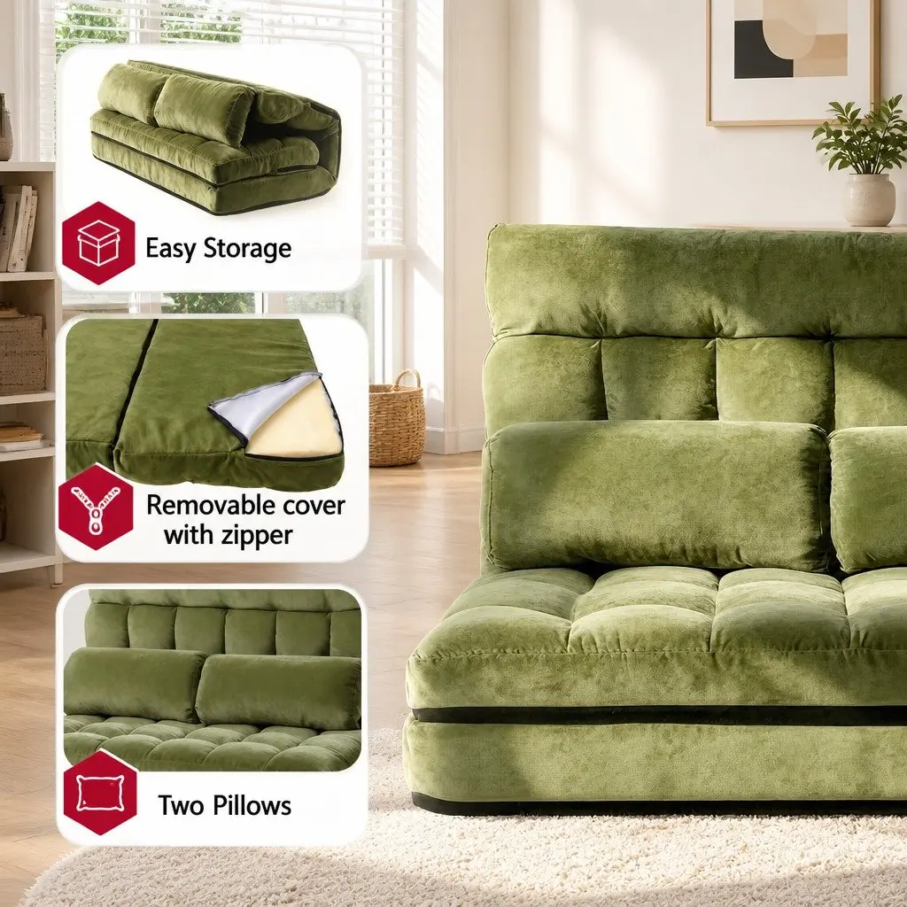 Green Adjustable Recliner Sofa Bed Floor Lounge 2 Seater Foldable with Storage