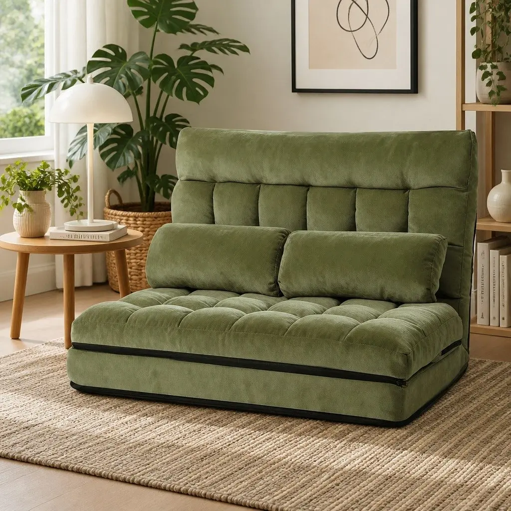 Green Adjustable Recliner Sofa Bed Floor Lounge 2 Seater Foldable with Storage