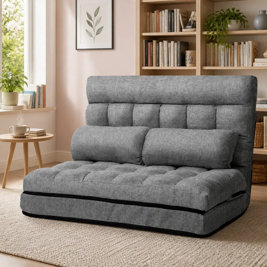 Floor Lounge Sofa Bed Grey Adjustable Recliner Faux Linen Fabric 2-Seater