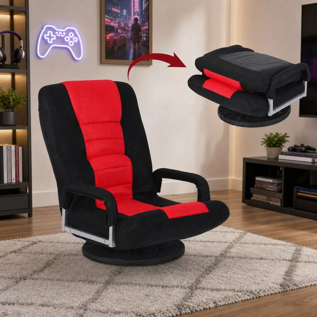 Floor Gaming Chair Black and Red 360 Swivel 6-Position Backrest Foldable