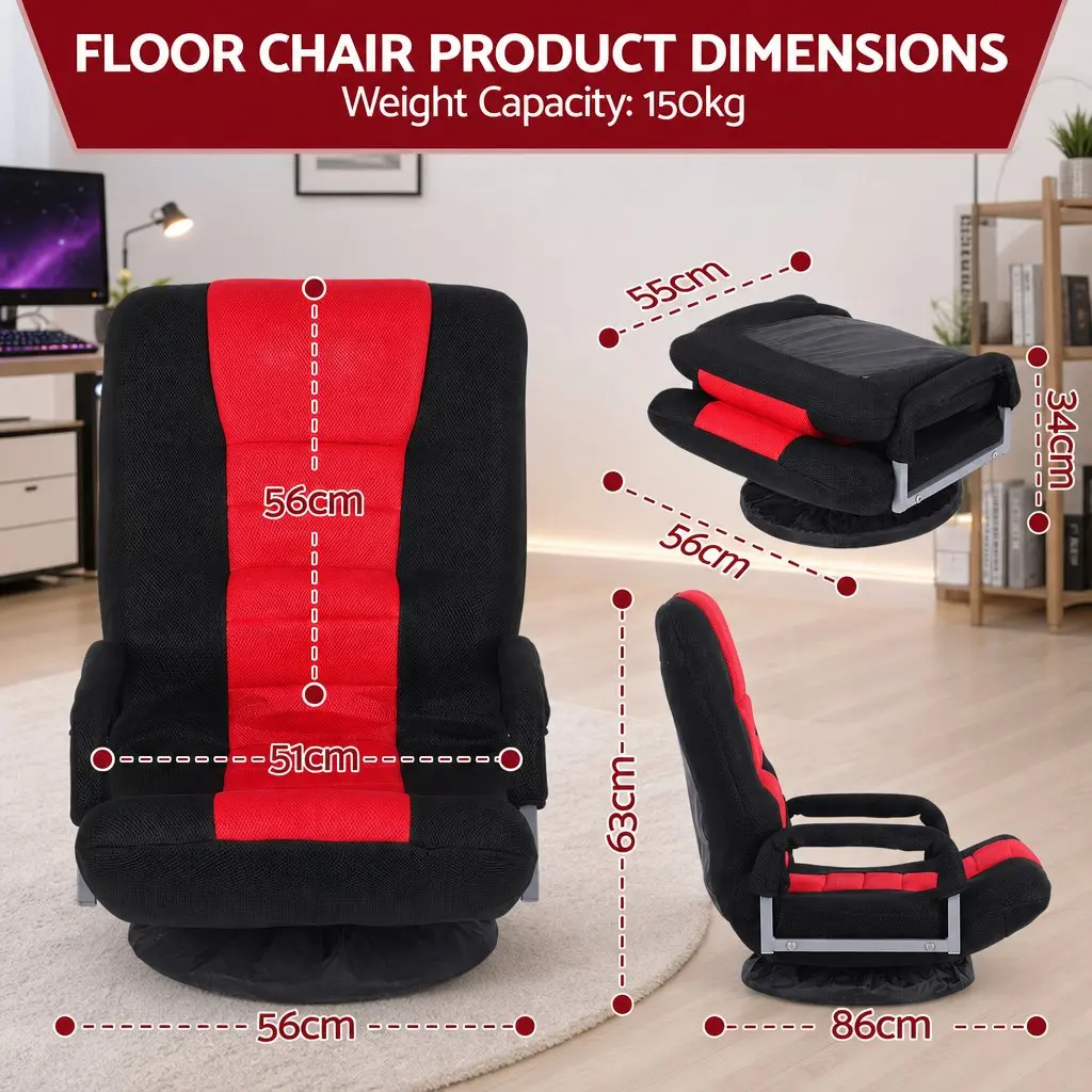 Floor Gaming Chair Black and Red 360 Swivel 6-Position Backrest Foldable