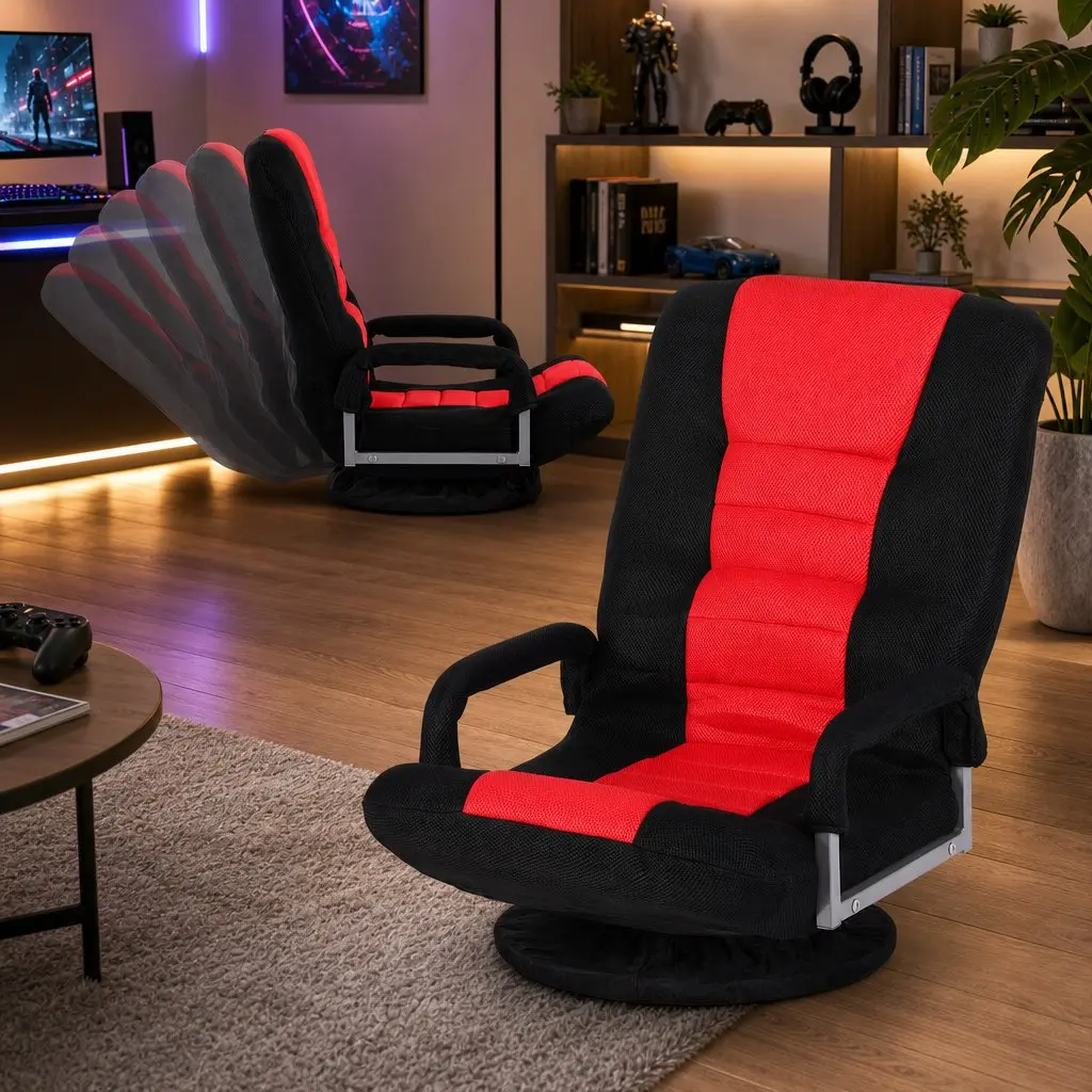 Floor Gaming Chair Black and Red 360 Swivel 6-Position Backrest Foldable