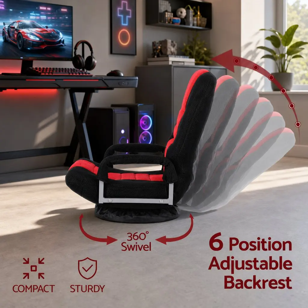 Floor Gaming Chair Black and Red 360 Swivel 6-Position Backrest Foldable