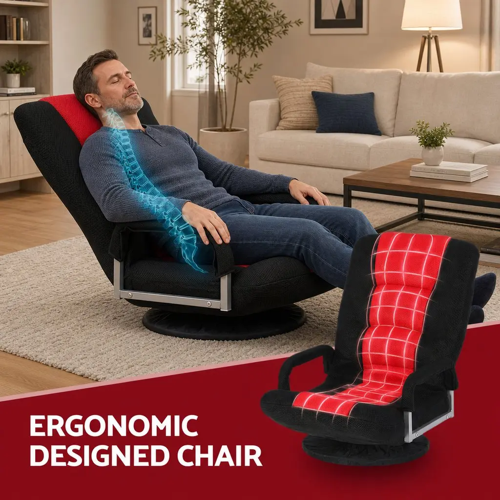 Floor Gaming Chair Black and Red 360 Swivel 6-Position Backrest Foldable