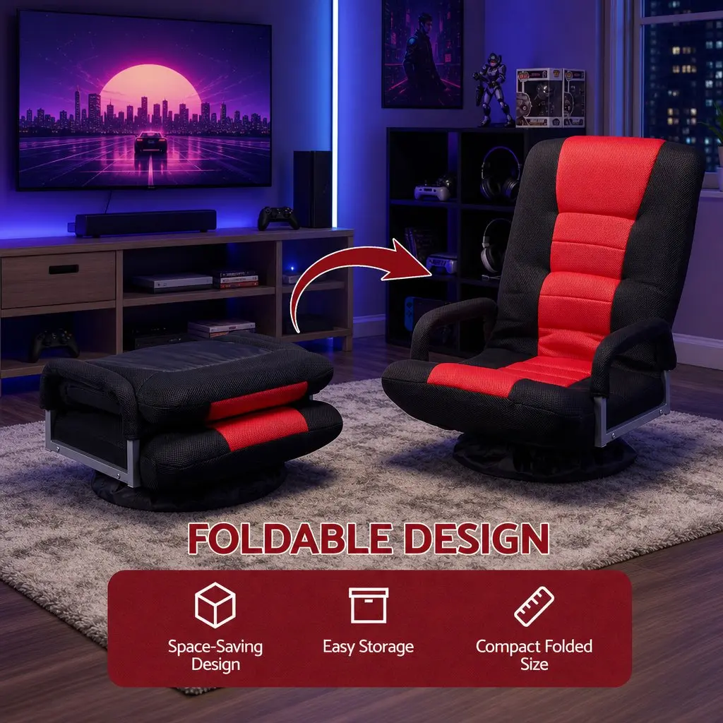 Floor Gaming Chair Black and Red 360 Swivel 6-Position Backrest Foldable