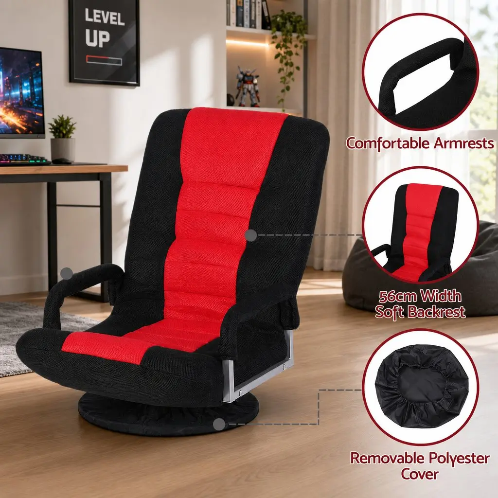 Floor Gaming Chair Black and Red 360 Swivel 6-Position Backrest Foldable