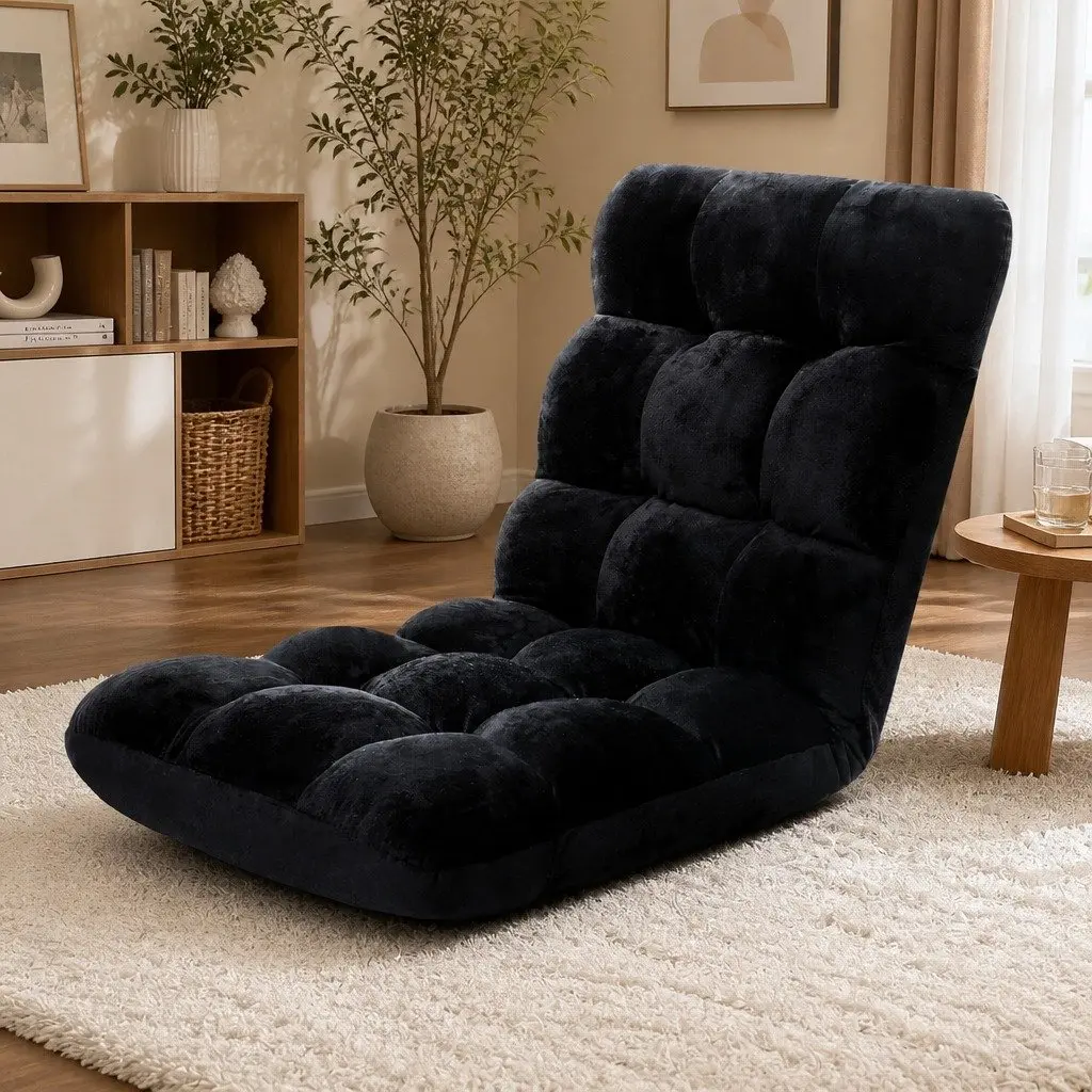 Adjustable Lounge Sofa Chair Black Flannel Fabric 14 Positions Recliner Bed