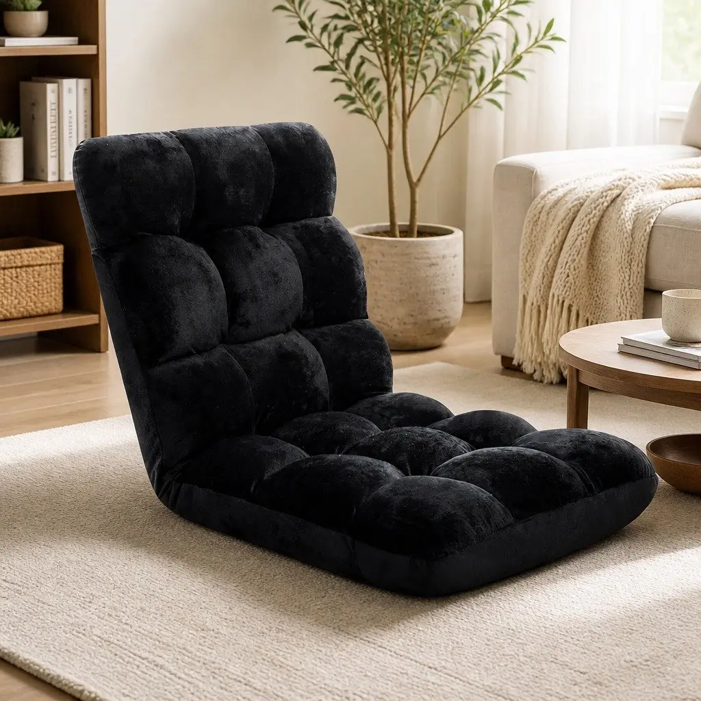 Adjustable Lounge Sofa Chair Black Flannel Fabric 14 Positions Recliner Bed