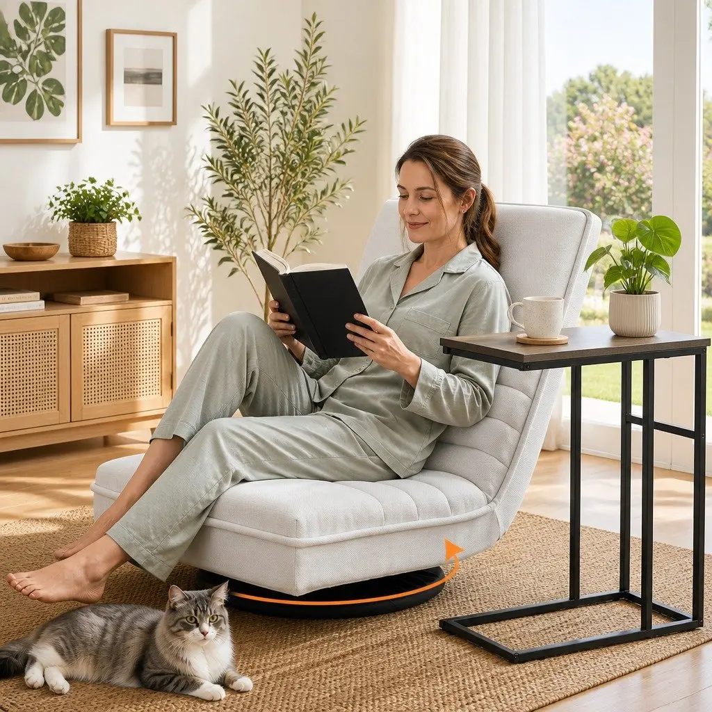 Floor Lounge Chair Swivel Foldable White Sofa with C-Shaped Side Table Set