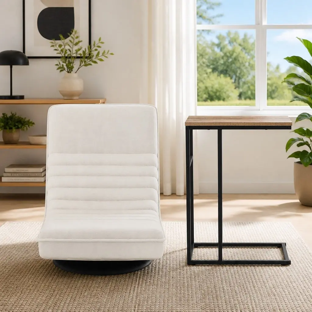 Floor Lounge Chair White 360 Degree Swivel Foldable with C Shaped Side Table Set