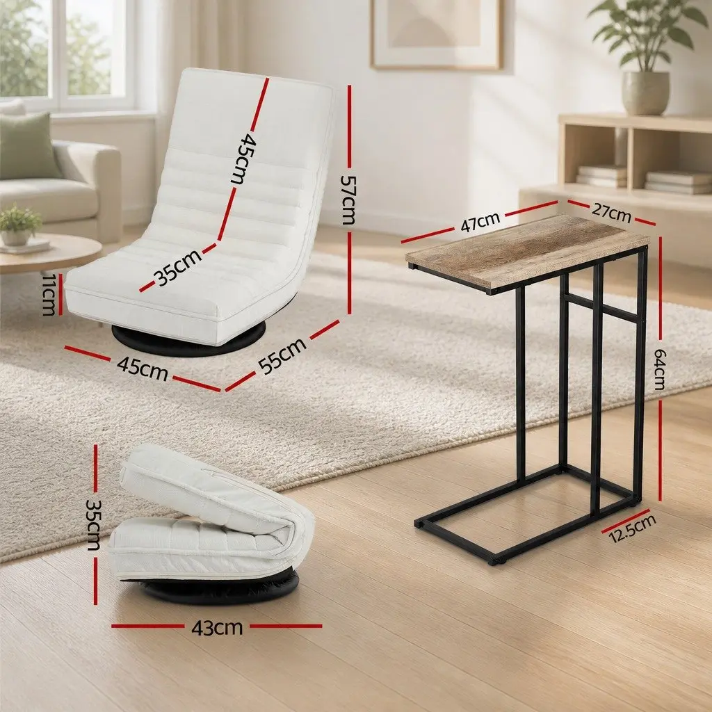 Floor Lounge Chair White 360 Degree Swivel Foldable with C Shaped Side Table Set