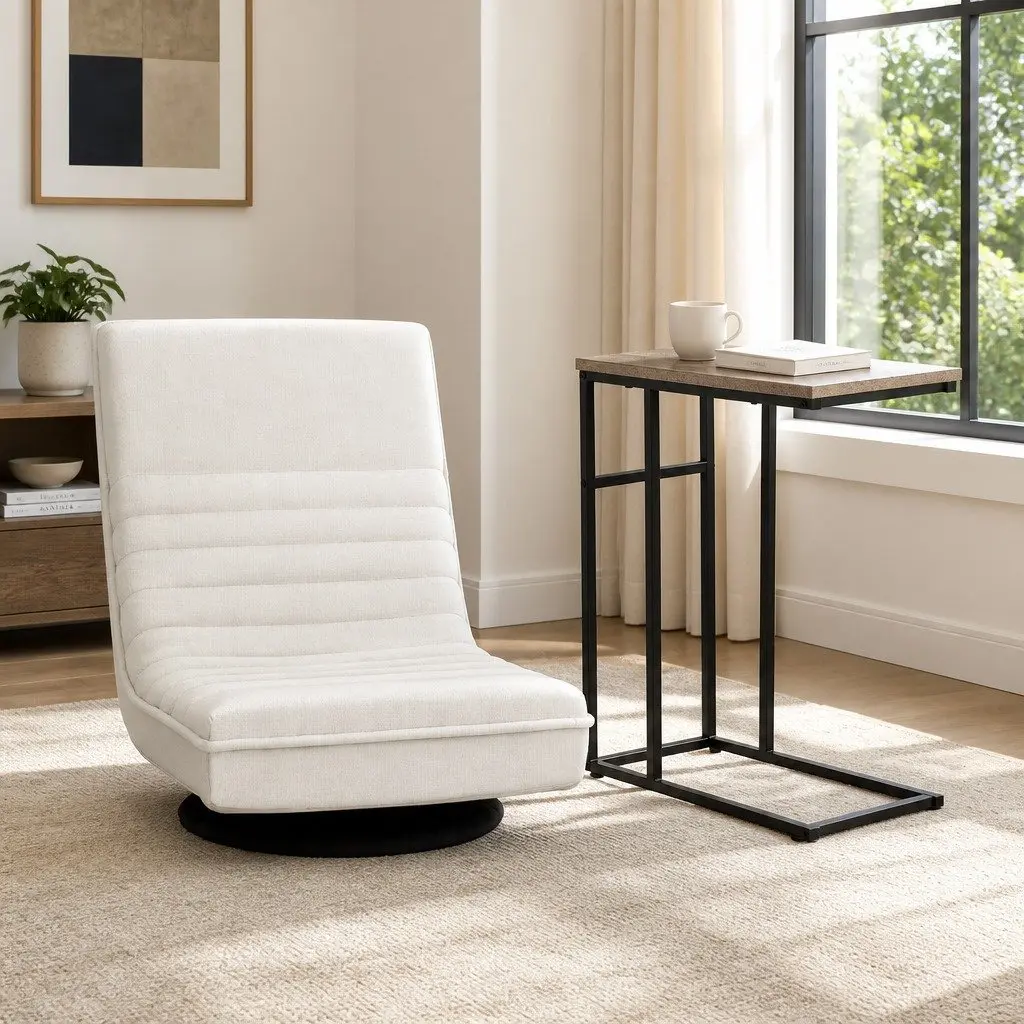 Floor Lounge Chair White 360 Degree Swivel Foldable with C Shaped Side Table Set