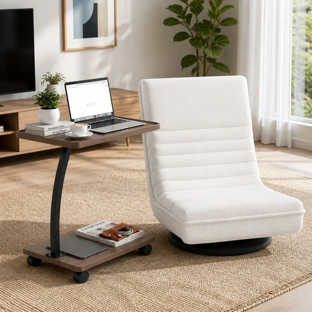 Floor Lounge Chair 360° Swivel Foldable with Mobile Side Table Castors Set