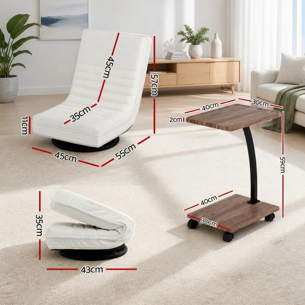 Floor Lounge Chair 360° Swivel Foldable with Mobile Side Table Castors Set