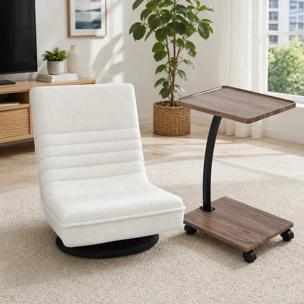 Floor Lounge Chair 360° Swivel Foldable with Mobile Side Table Castors Set