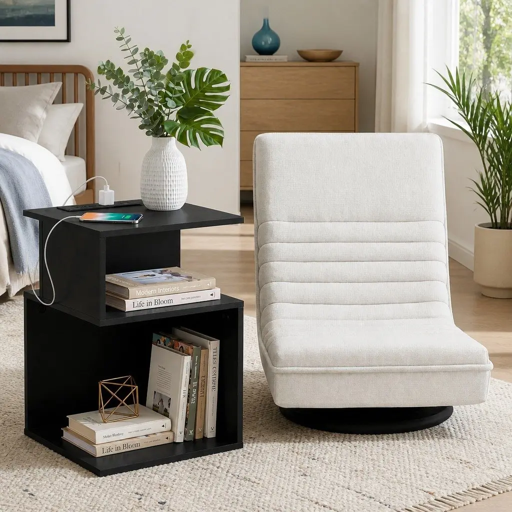 Swivel Floor Chair and Charging Station Bedside Table Bedroom Furniture Bundle