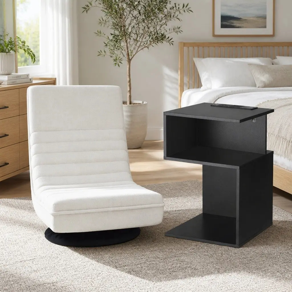 Swivel Floor Chair and Charging Station Bedside Table Bedroom Furniture Bundle