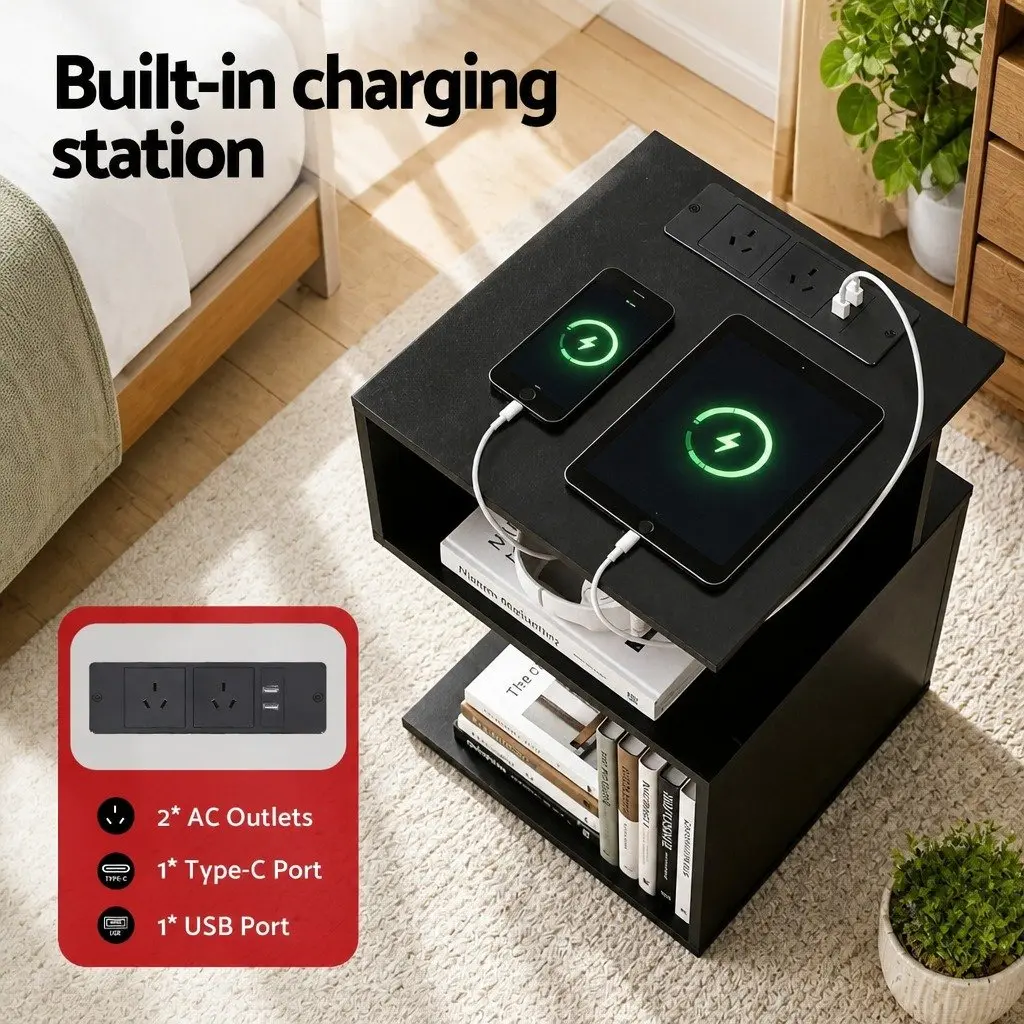 Swivel Floor Chair and Charging Station Bedside Table Bedroom Furniture Bundle
