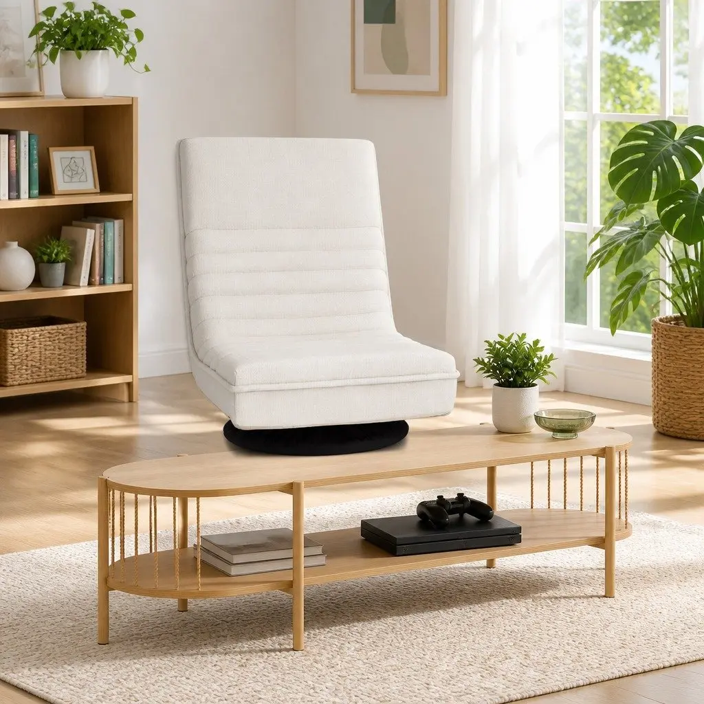 Swivel Floor Lounge Chair White 360-Degree Rotatable Foldable Foam Cushion Pine TV Entertainment Unit Storage Shelf Set