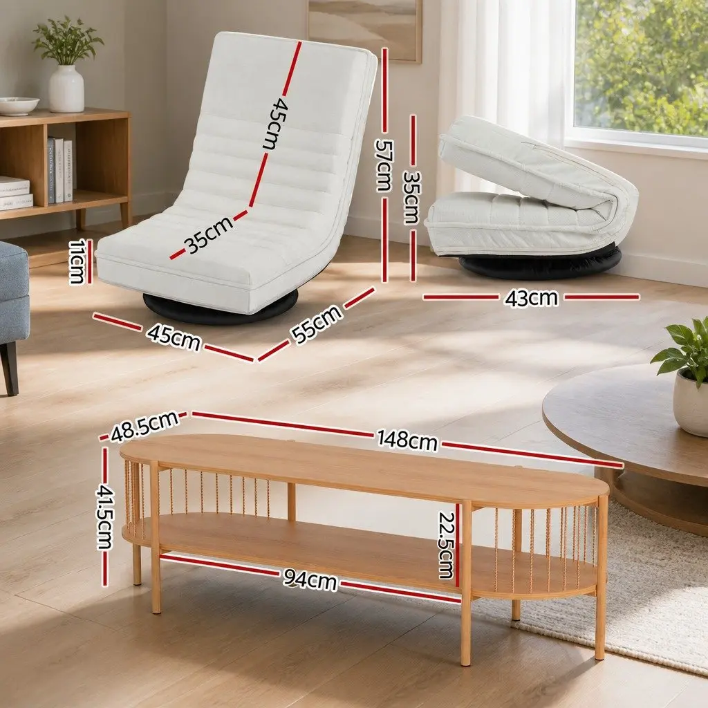 Swivel Floor Lounge Chair White 360-Degree Rotatable Foldable Foam Cushion Pine TV Entertainment Unit Storage Shelf Set