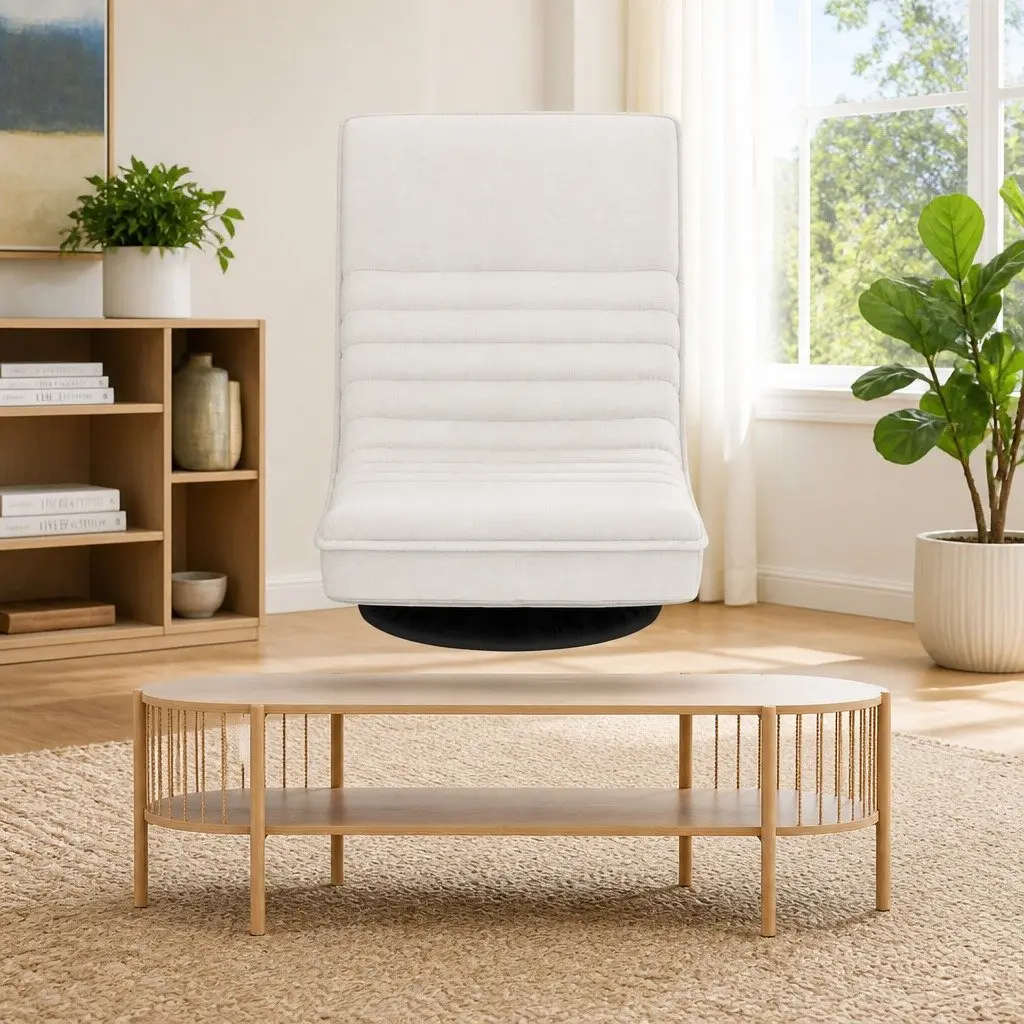 Swivel Floor Lounge Chair White 360-Degree Rotatable Foldable Foam Cushion Pine TV Entertainment Unit Storage Shelf Set
