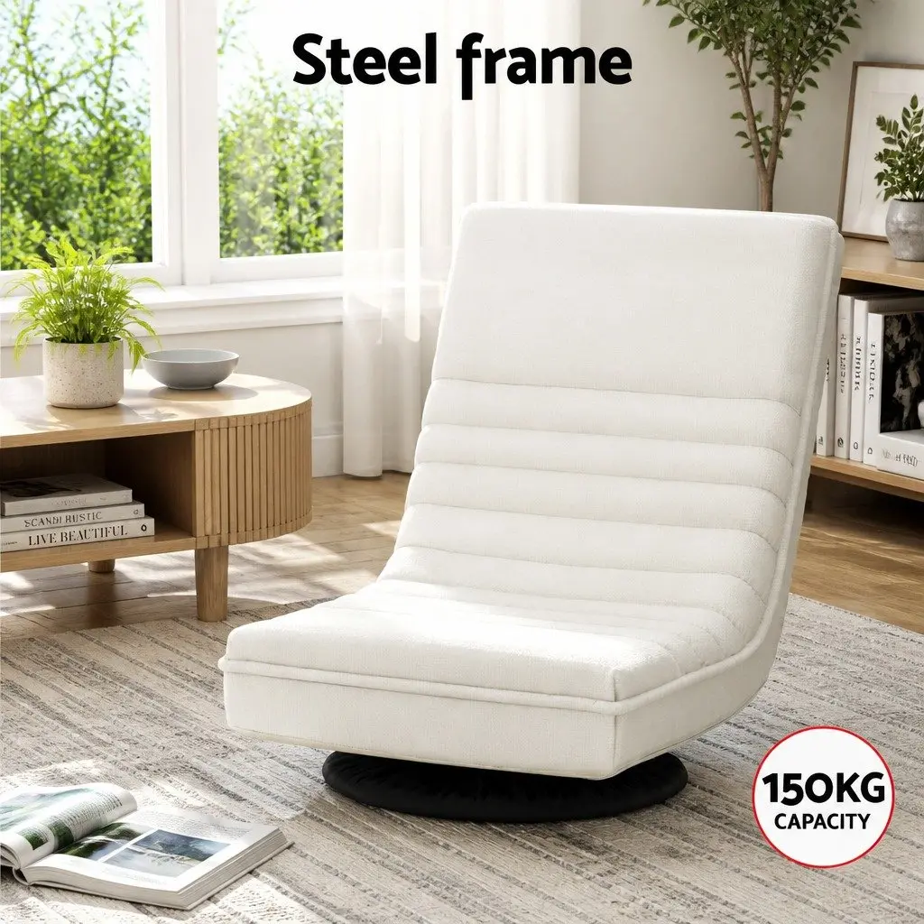 Swivel Floor Lounge Chair White 360-Degree Rotatable Foldable Foam Cushion Pine TV Entertainment Unit Storage Shelf Set